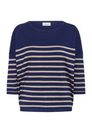 Tengerészkék és bézs csíkos kötött felső széles nyakkivágással és háromnegyedes ujjakkal. Puha textúra, laza szabás, hétköznapi design.