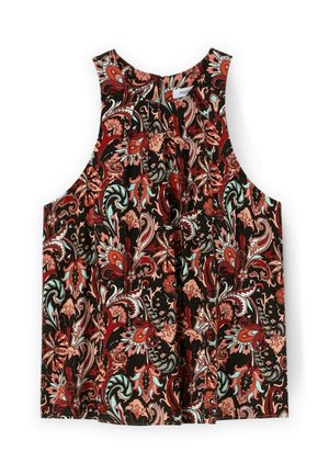 Zwarte mouwloze top met een levendig bloemenpatroon in tinten van rood, perzik en teal, met een licht gerimpelde achterkant en een ronde halslijn.