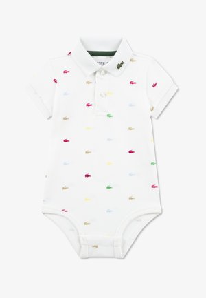Body bianco in cotone tipo polo, con loghi di coccodrillo multicolori. Maniche corte, colletto e patta con bottoni.