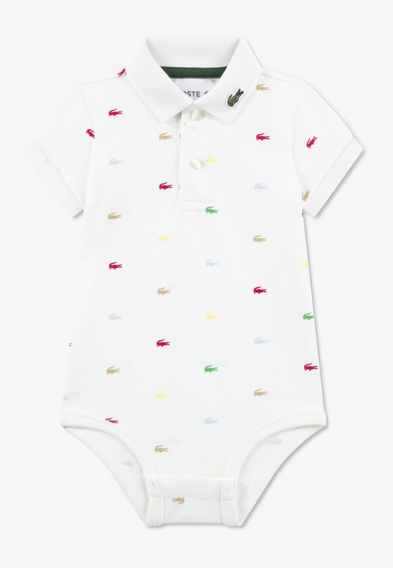 Body polo blanc en coton, avec logos crocodile multicolores. Manches courtes, col et patte de boutonnage.