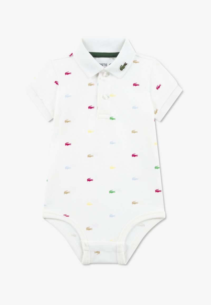 Body polo blanc en coton, avec logos crocodile multicolores. Manches courtes, col et patte de boutonnage.