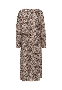 Rochie cu imprimeu de leopard, cu mâneci trei sferturi, realizată dintr-un material moale, având o croială lejeră și o siluetă dreaptă. Culori neutre, bej și negru.