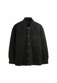 Jachetă neagră din bumbac cu mâneci lungi, închidere cu butoane, două buzunare pe piept, cusături albe contrastante și un design clasic al gulerului.