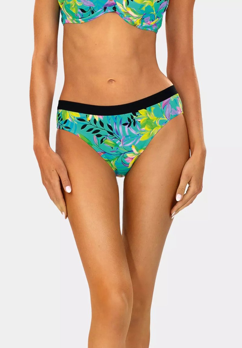 Zestaw bikini z kolorowym wzorem kwiatowym w odcieniach zieleni, niebieskiego i żółtego z czarnym pasem. Gładki materiał, klasyczny krój i odważny design.