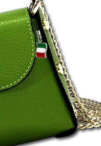 Green leather handbag with gold chain strap, featuring a small Italian flag charm. Notable for its smooth texture and contrasting black trim.