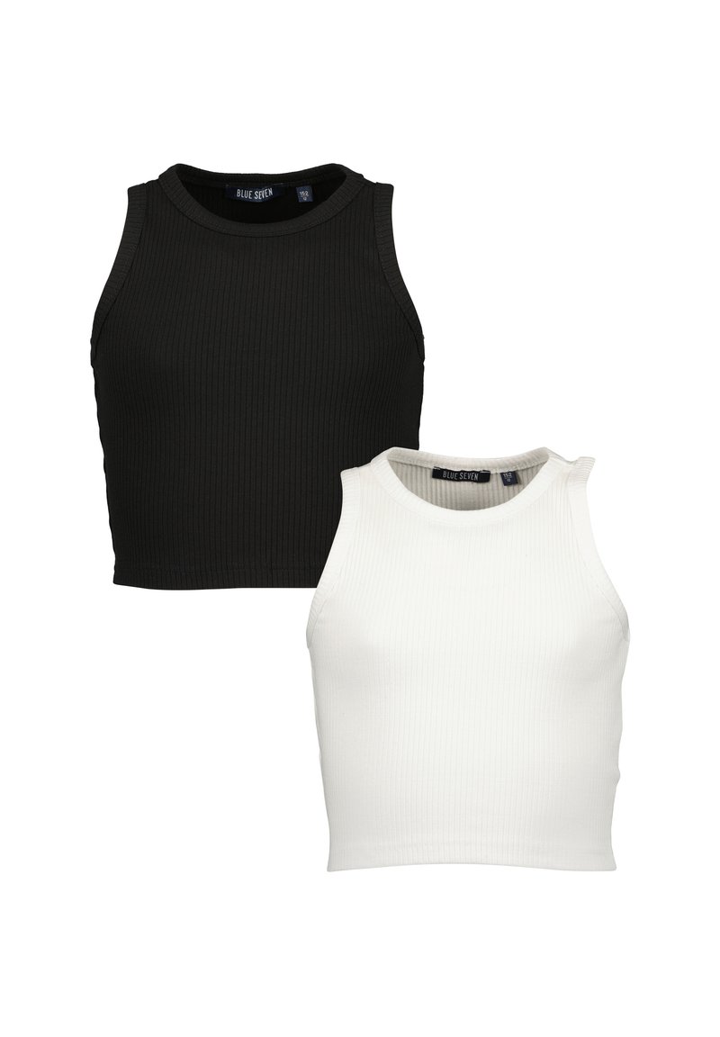 Top corti a coste in bianco e nero con scollatura rotonda e senza maniche, caratterizzati da una consistenza liscia e uno stile semplice.