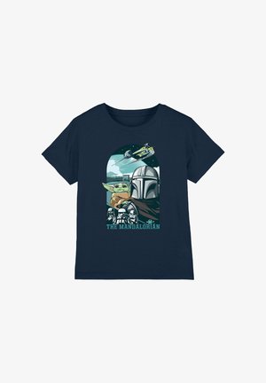Navy T-shirt featuring Mandalorian helmet, Grogu, stormtroopers, spaceship flying over landscape, and "The Mandalorian" text at bottom.