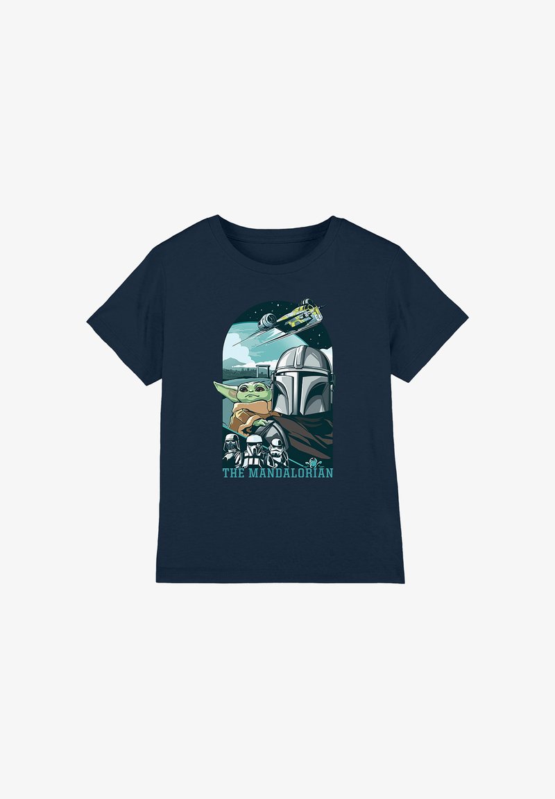 Navy T-shirt featuring Mandalorian helmet, Grogu, stormtroopers, spaceship flying over landscape, and "The Mandalorian" text at bottom.
