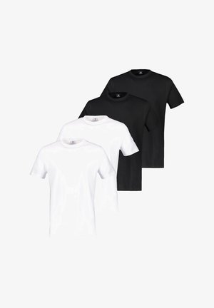 To hvide og to sorte t-shirts med kortærmet rund hals, arrangeret i en trappestillet bunke på en hvid baggrund.