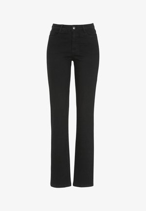 Zwarte denim jeans met een rechte pijp, hoge taille, vijf zakken en een sluiting met een knoop aan de voorkant. Soepele textuur met minimale stikseldetails.