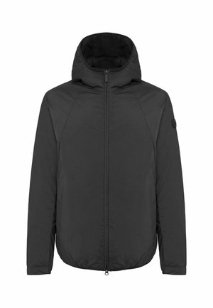 Giacca nera con cappuccio, zip frontale, maniche lunghe e orlo arrotondato, mostrata su sfondo bianco.
