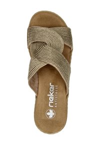Open-toe slide sandal in light beige with woven textile straps. Features cushioned insole and Rieker Anti-Stress branding.