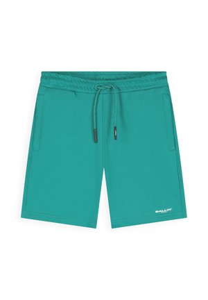 Turkooise sportshort met elastische tailleband, verstelbaar trekkoord, zijzakken en klein wit "BALLIN'" logo op het linkerbeen.