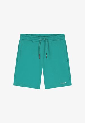 Turkooise sportshort met elastische tailleband, verstelbaar trekkoord, zijzakken en klein wit "BALLIN'" logo op het linkerbeen.