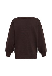 Pull marron foncé à manches longues avec un large col, des poignets et un bas côtelés, présenté de dos sur fond blanc.