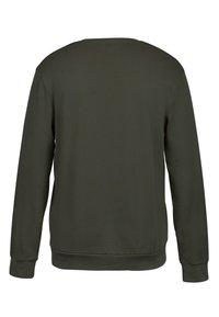 Oliivivihreä huppari, pitkät hihat, pyöreä kaula-aukko, ribbikujat ja helmassa, sileä pinta, yksinkertainen muotoilu, ei näkyviä kuvioita tai logoja.