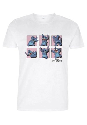 White cotton t-shirt featuring six Stitch character illustrations on a pink background, showcasing various poses and expressions.