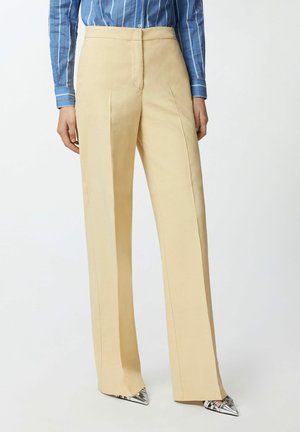 Pantalon beige ajusté à coupe droite, avec une taille haute, des plis à l'avant et une texture de tissu lisse. Associé à des chaussures argentées à talons pointus.