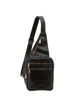 Borsa a tracolla in pelle nera con una forma triangolare unica. Presenta tre scomparti con zip e una tracolla regolabile con accenti dorati.