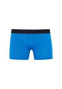Blue cotton boxer shorts with a black elastic waistband featuring the word "LONDON." Smooth texture, fitted design, and mid-thigh length.