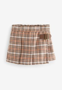 Brun og orange ternet mini nederdel med plisseringer, der har en taljebuckle og en elastisk topkant for justerbar pasform og komfort.