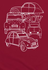 Obrysové ilustrace několika automobilů Citroën 2CV v bílé barvě na burgundském pozadí, vyznačující se odlišnými tvary a detaily.