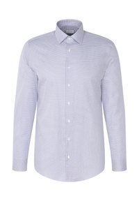 Himmelblaues Langarmhemd mit Knopfleiste, feinem geometrischen Muster, klassischem Kragen und weißen Knöpfen auf der Vorderseite.