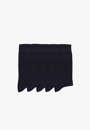 Viisi paria tummansinisiä puuvillasukkia, joissa on raidoitettu yläosa, sileä rakenne ja klassinen kapeneva muoto ilman näkyviä kuvioita tai yksityiskohtia.