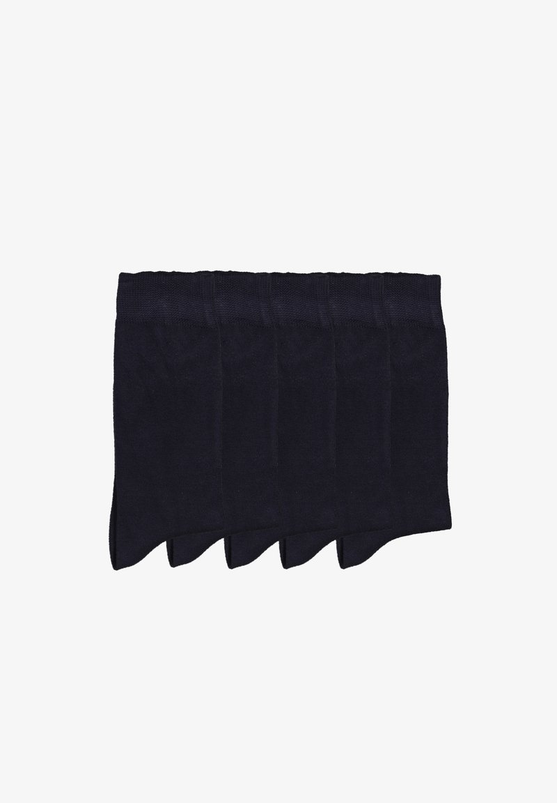 Fem par mørkeblå bomuldsstrømper med ribbet kant, glat tekstur og klassisk tapered form uden synlige mønstre eller dekorationer.