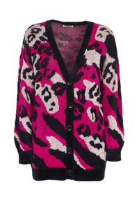 Gebreide cardigan in felroze en zwart met een panterprint, V-hals, lange mouwen en vijf zwarte knopen aan de voorkant.