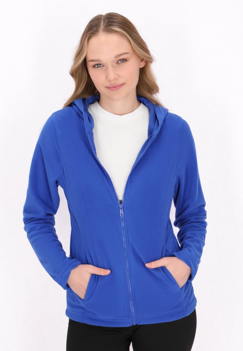 Felpa blu in pile con zip frontale, due tasche laterali e cappuccio. Presenta una texture morbida e un design aderente per il massimo del comfort.