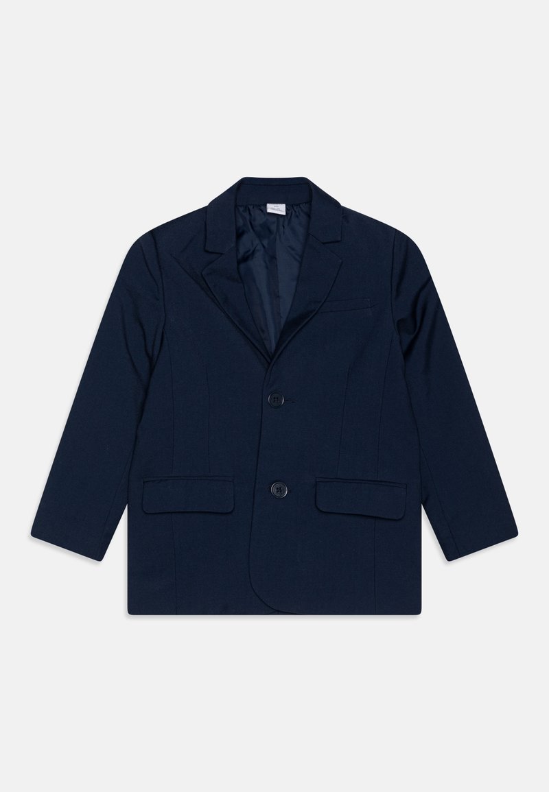 Navy blue blazer made of woven fabric, featuring a notched lapel, two-button closure, and two front pockets. Smooth interior lining.
