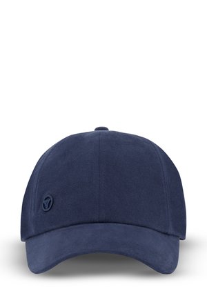 Casquette de baseball bleu marine en tissu avec une visière courbée, présentant un logo brodé sur le côté gauche et une texture lisse.