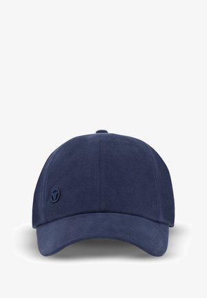 Casquette de baseball bleu marine en tissu avec une visière courbée, présentant un logo brodé sur le côté gauche et une texture lisse.