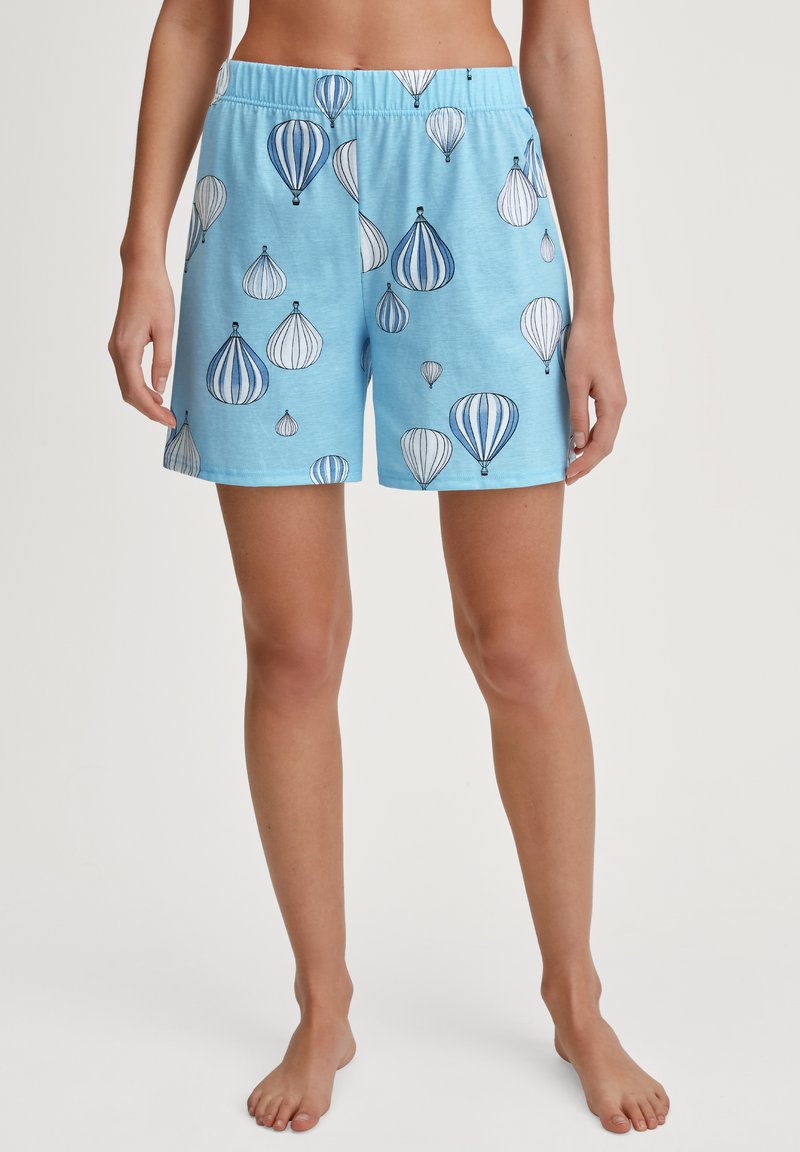 Lichtblauwe shorts met een patroon van luchtballonnen in het wit en blauw. Gemaakt van zachte stof met een elastische tailleband.