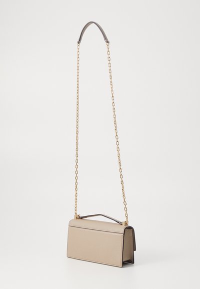 Beige leather crossbody bag with a rectangular shape. Features a structured design, chain strap, and a sturdy top handle.