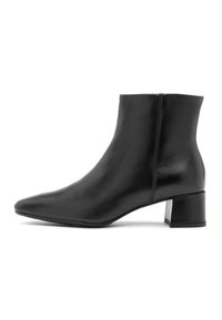 Black leather ankle boot with pointed toe, side zipper, and low block heel, shown in a right-side profile on white background.