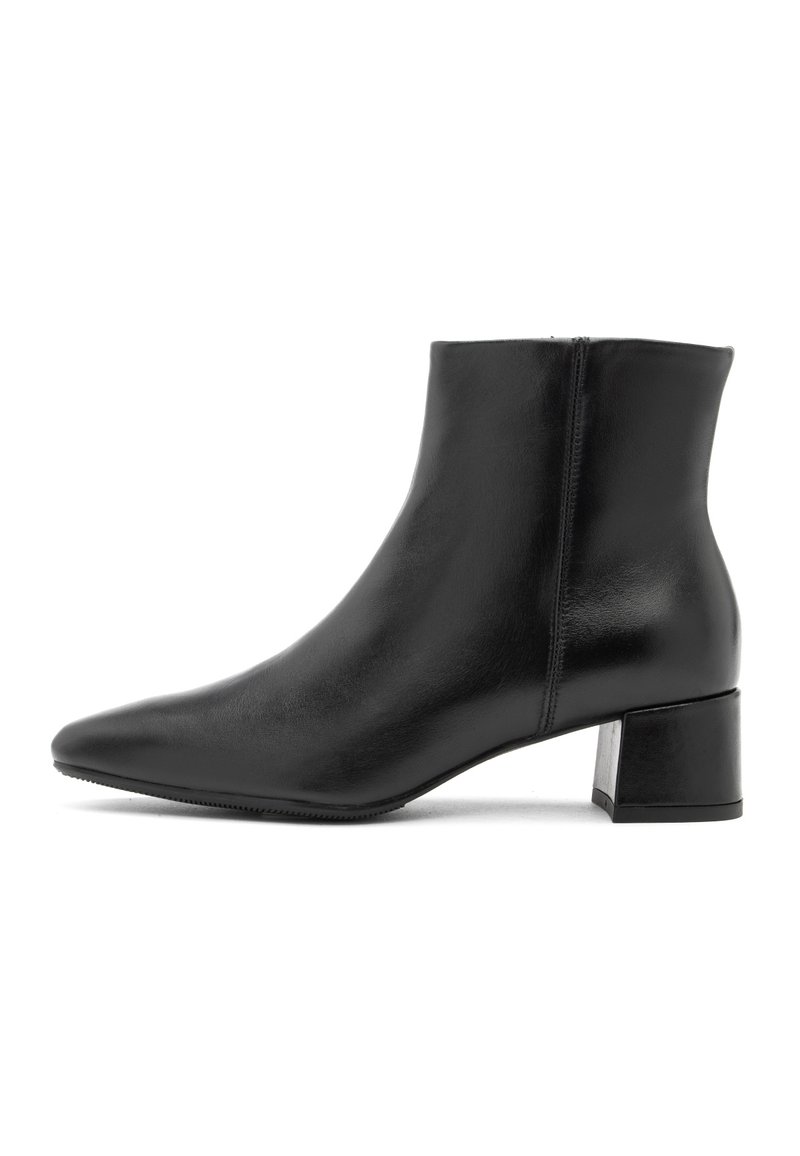 Black leather ankle boot with pointed toe, side zipper, and low block heel, shown in a right-side profile on white background.