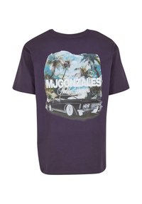Lilla bomulls T-skjorte med grafisk trykk av palmer og en vintage bil, merket "MJGONZALES Malibu Dreamers." Rund hals stil.