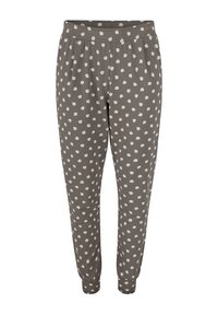 Grau gepunktete Hosen aus weichem Stoff. Mit elastischem Bund und enger werdenden Beinabschlüssen, durchgehend mit weißen kreisförmigen Mustern.