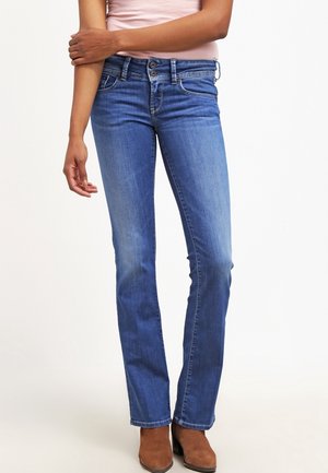 Slimmade blå denimjeans med midjhöjd, raka ben och subtila blekningar. Har klassisk femficksdesign och metallknappdetaljer.