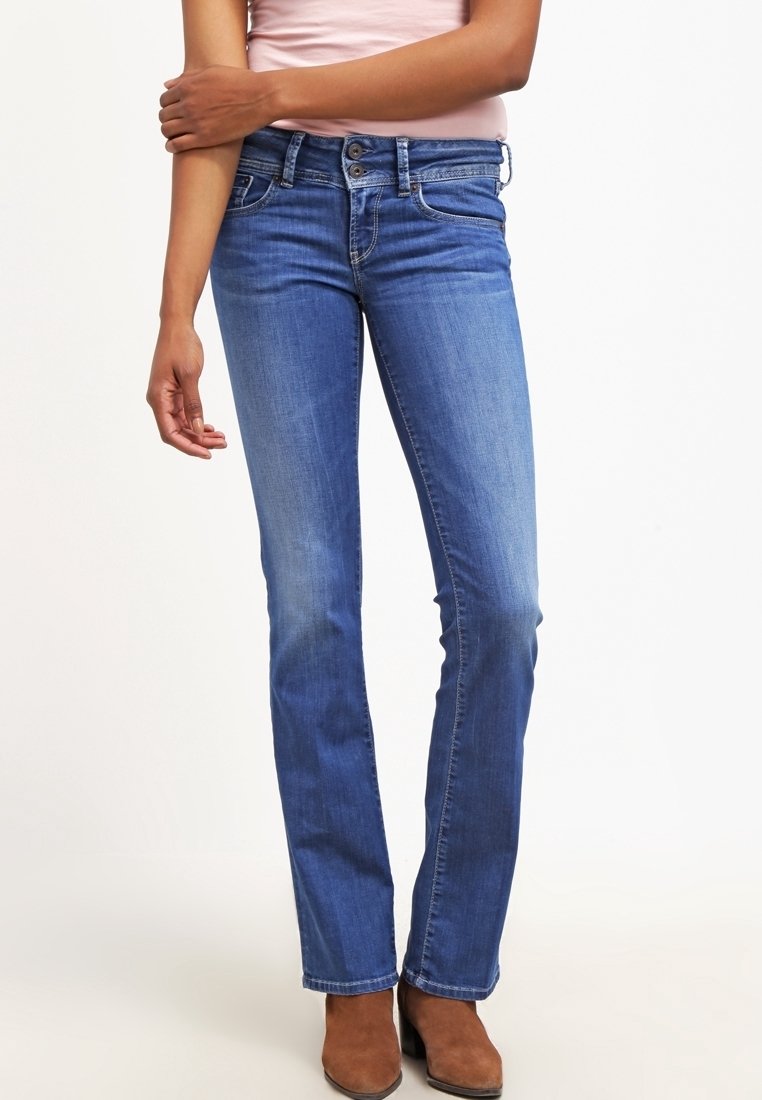Slimmade blå denimjeans med midjhöjd, raka ben och subtila blekningar. Har klassisk femficksdesign och metallknappdetaljer.