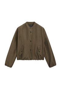 Bruine jas met knopen, lange mouwen, elastische boorden, een opstaande kraag en twee klepzakken aan de voorkant met knopen.