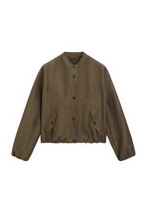 Giacca marrone con bottoni, maniche lunghe, polsini elastici, colletto alla coreana e due tasche frontali con pattina e bottoni.