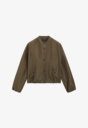 Hnědá zapínací bunda s dlouhými rukávy, elastickými manžetami, stojáčkovým límečkem a dvěma předními kapsami na klopě s knoflíky.