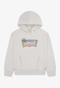 Sweat à capuche blanc avec une poche kangourou, ornée d'un logo coloré Levi's et d'un motif de palmier sur le devant.