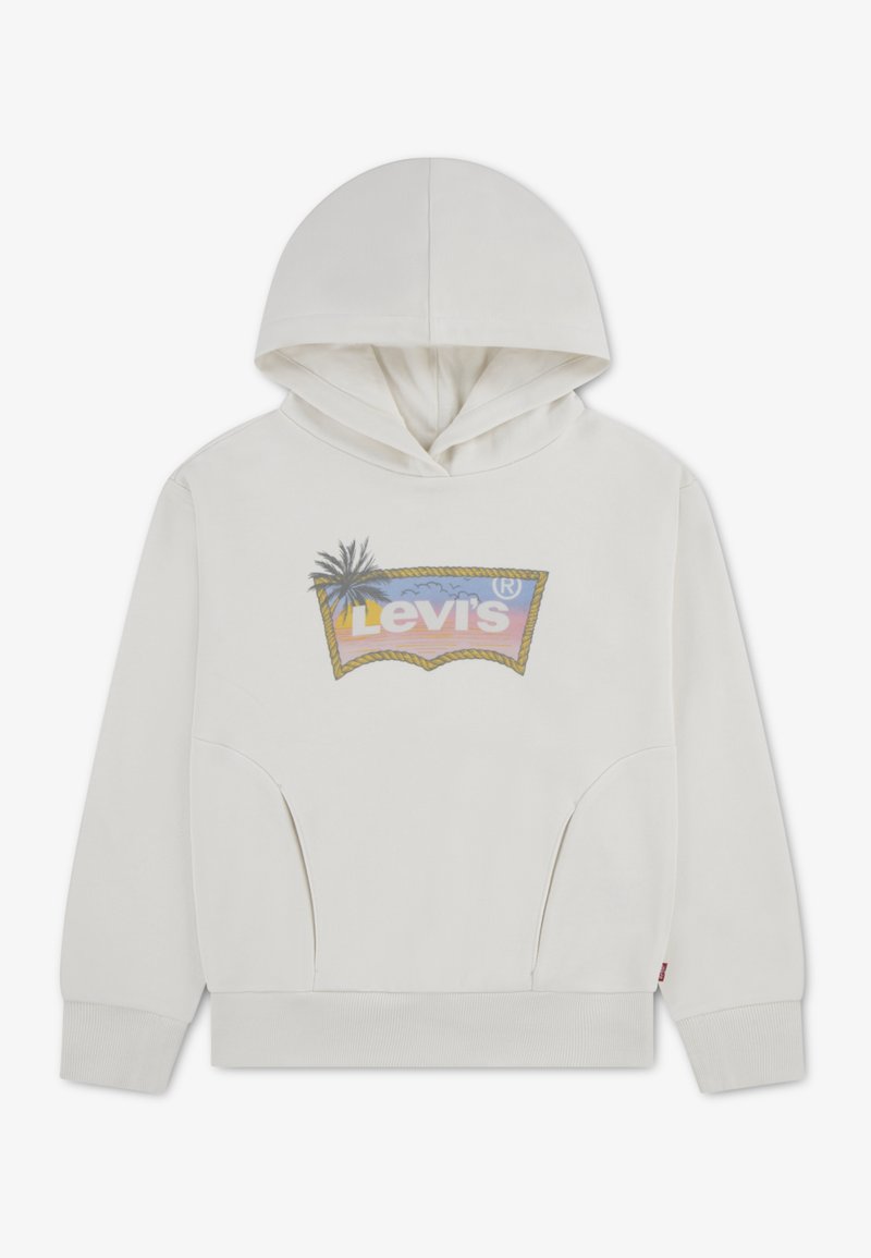 Sweat à capuche blanc avec une poche kangourou, ornée d'un logo coloré Levi's et d'un motif de palmier sur le devant.