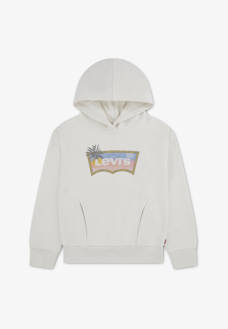 Sweat à capuche blanc avec une poche kangourou, ornée d'un logo coloré Levi's et d'un motif de palmier sur le devant.