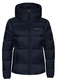 Marineblaue Steppjacke mit einer gesteppten Optik, Kapuze, Reißverschluss vorne und Logo auf der Brust. Mit elastischen Bündchen und schlanker Passform.