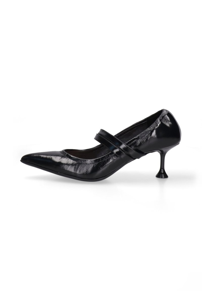 Talons aiguës en cuir verni noir avec un bout pointu et des doubles brides sur le cou-de-pied, arborant un design de talon en sablier distinctif.
